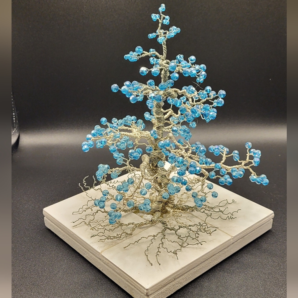 Beaded Bonsai Wire Tree - Blue Crystal Beads & Silver Plated Wire - Ceramic base